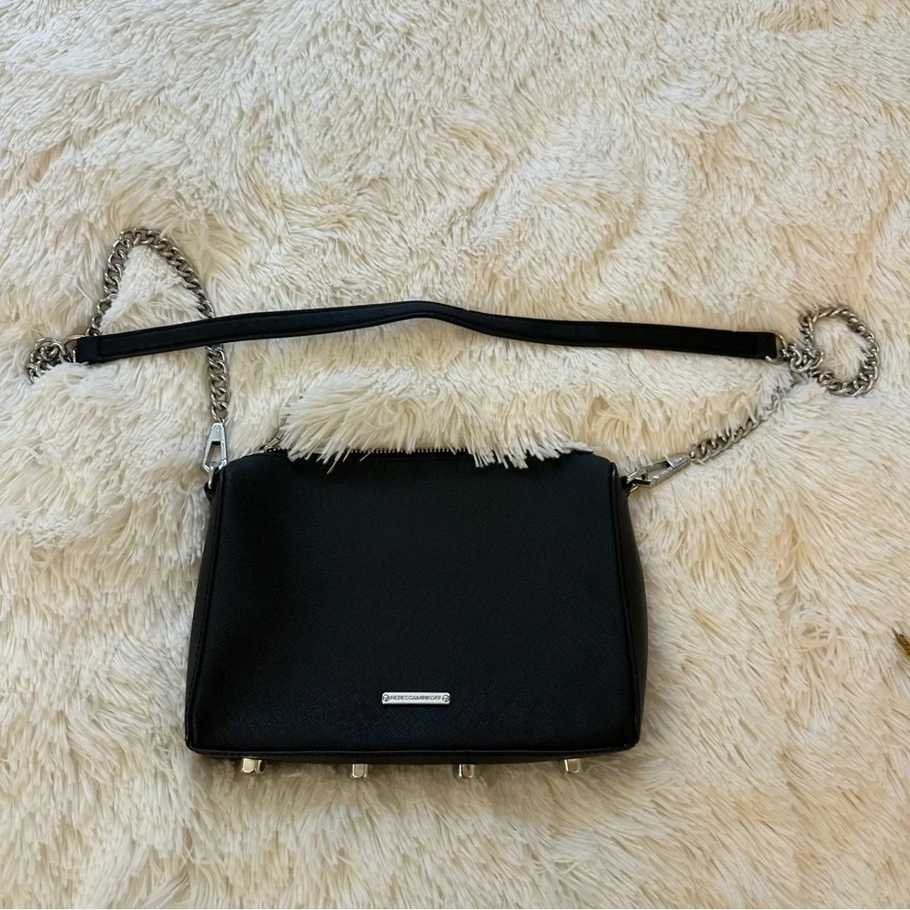 Rebecca Minkoff Avery Black Saffiano Leather Crossbody Bag Chain Strap Zip Top